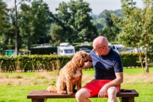 Guest sat on bench with dog in dog field at Poston Mill Touring Park